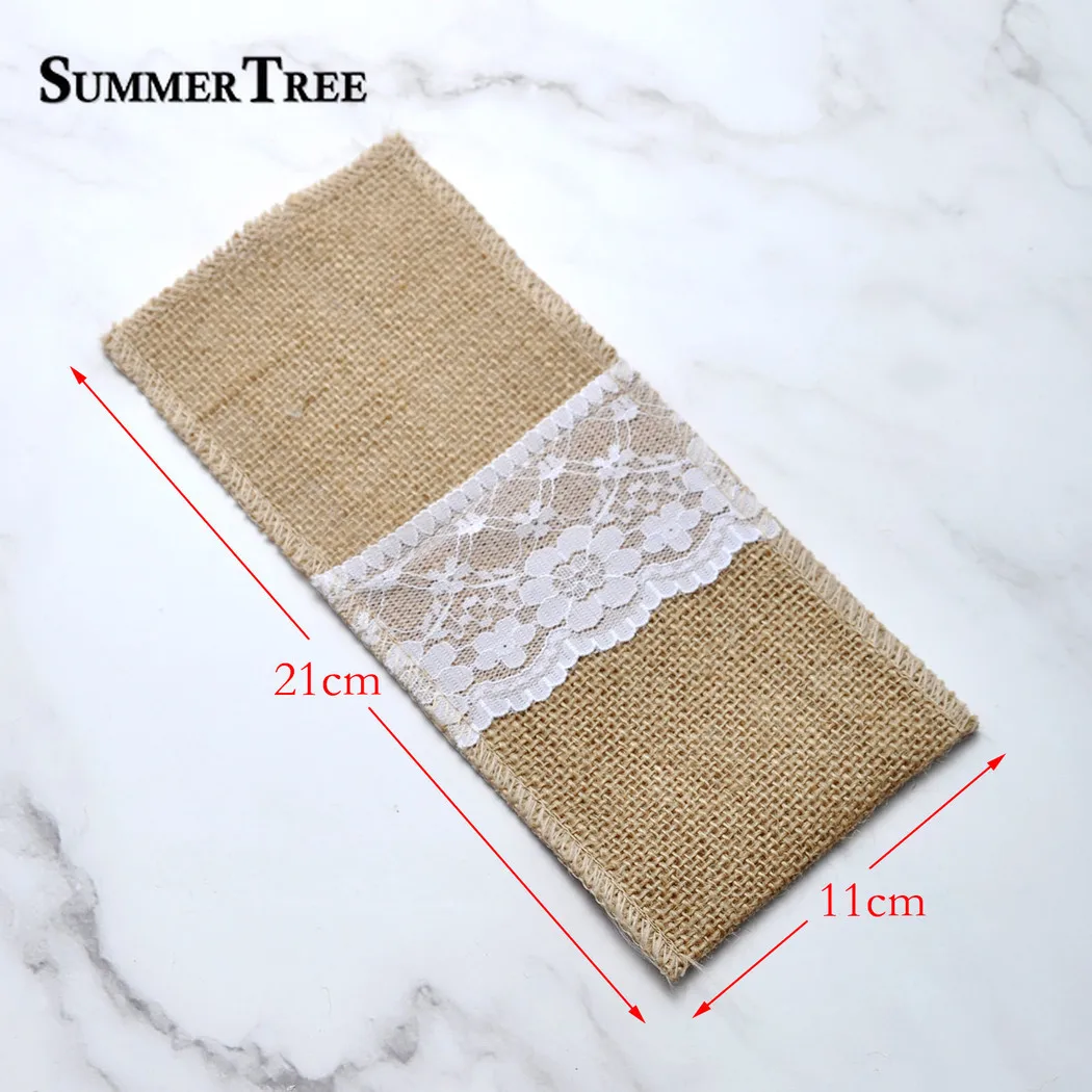 Burlap Lace Cutlery Pouch Wedding Tableware Party Knife Fork Holder Bag Hessian Rustic Jute Accessories Table Decoration