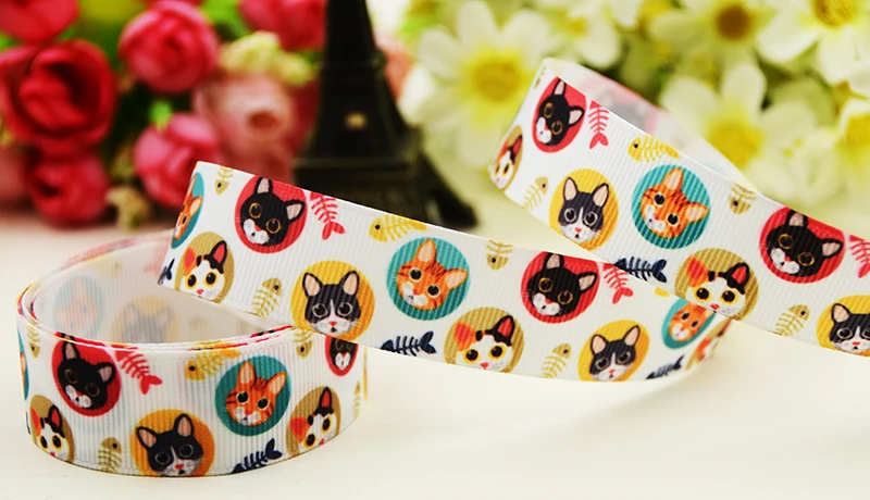 22mm 25mm 38mm 75mm Cat Cartoon printed Grosgrain Ribbon party decoration 10 Yards X-04969