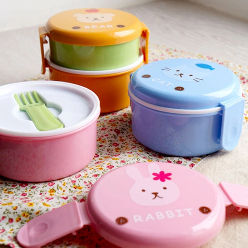 Cute Animal Lunch Box Japanese Double-layer Round Mini Bento Box Children\'s Fruit Box Snack Box Microwave Kids Lunch Box 540ml