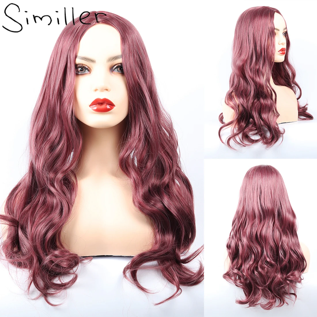 Similler Long Curly Hair Ombre Synthetic Wigs for Women Cosplay Burgundy Highlights Halloween Party Middle Part