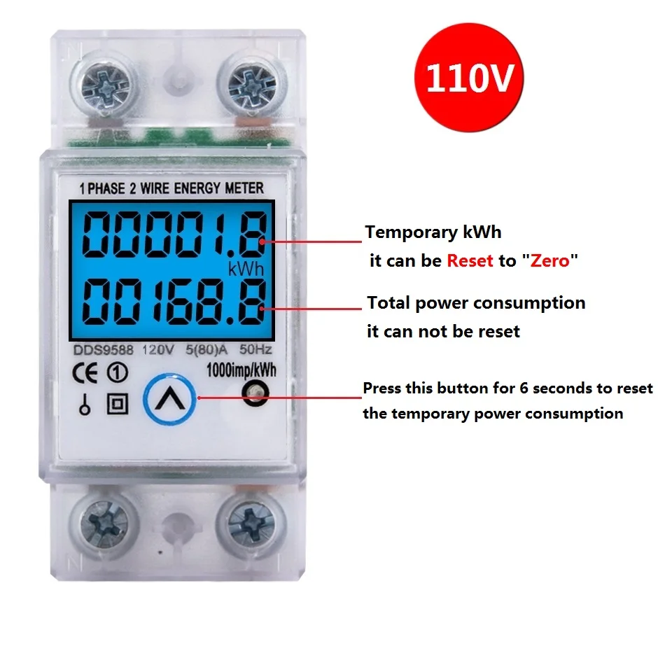 110V/120V 50/60Hz 5(80) een Digitale Wattmeter Ac Power Energy Meter Din Rail Kwh Spanning Stroom Meter Backlight Reset Functie