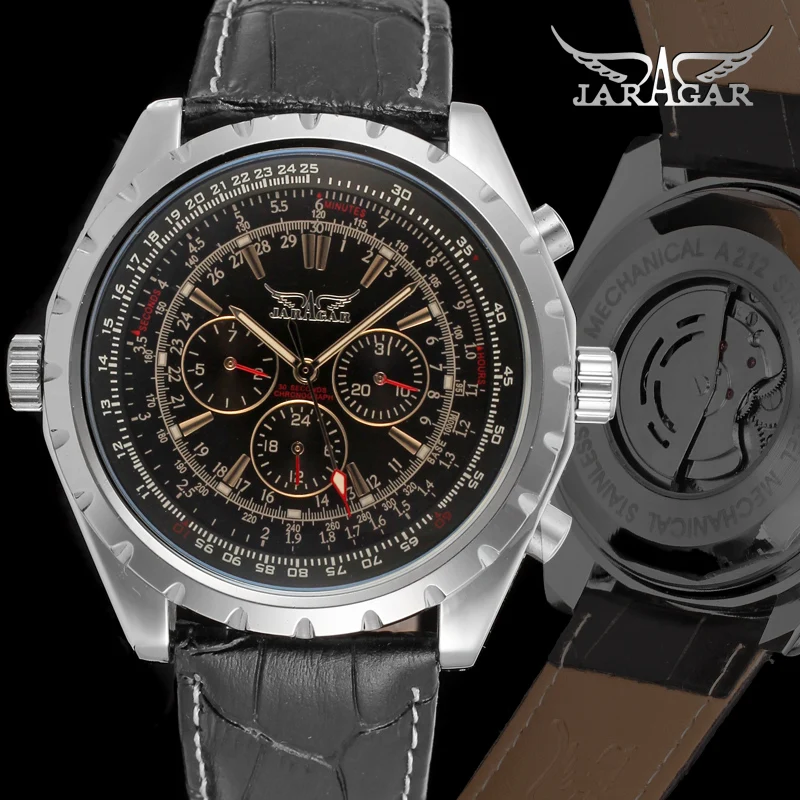JARAGAR Black watch European and American fashion style three eyes six pin mechanical watch Gear circular week belt watch