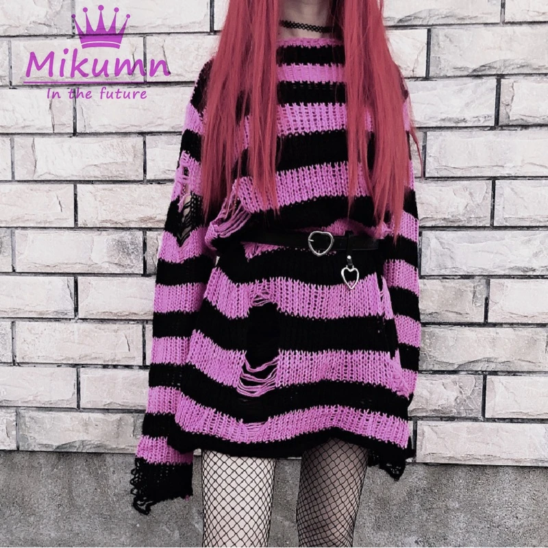 Gothic Grunge Striped Knitted Sweater Women Long Pullovers Loose Thin Punk Sweaters Jumpers Mujer Jersey Chic Streetwear