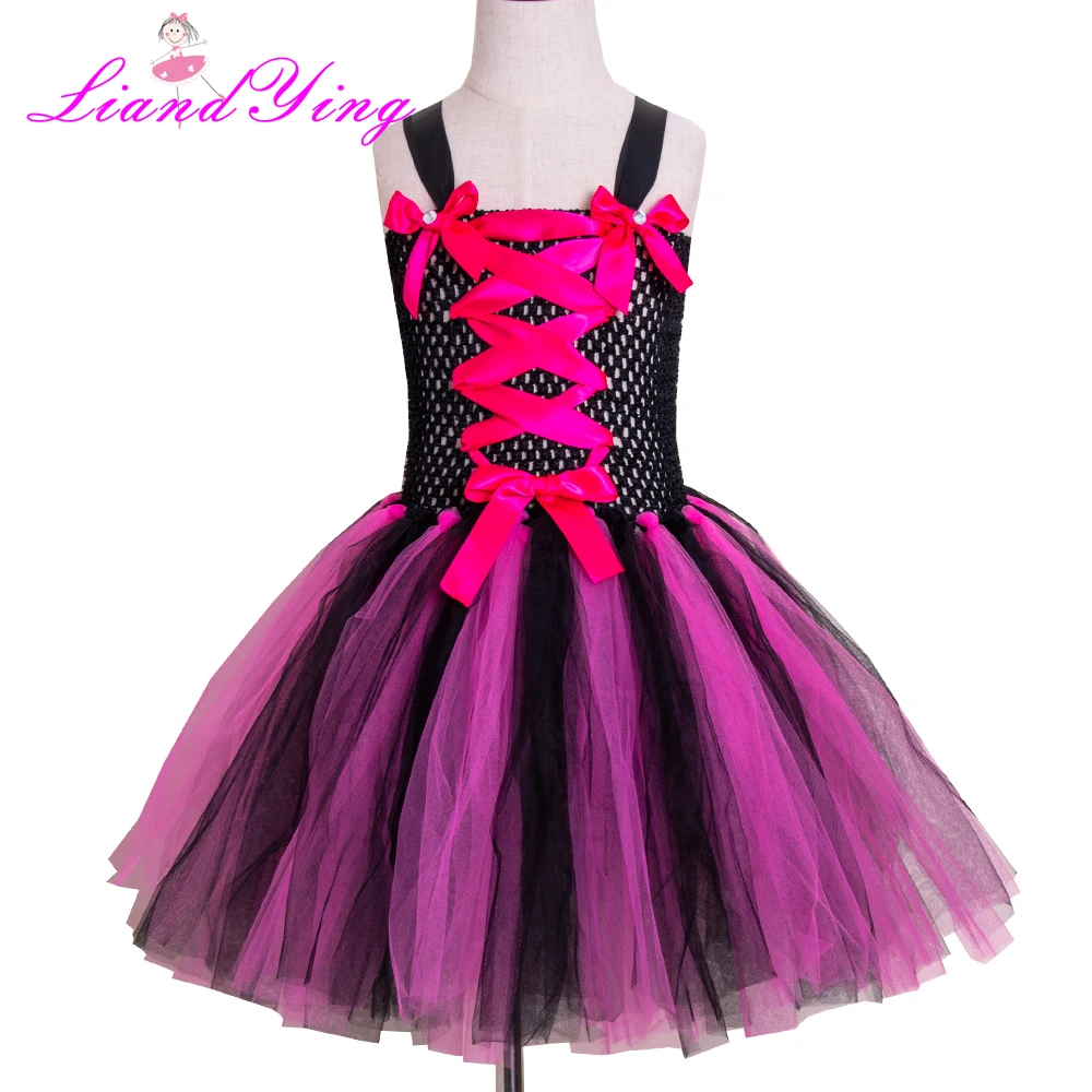 

Halloween Girl Witch Tutu Dress Hot Pink Black Knee Length Ribbon Girl Halloween Holiday Cosplay Costume Set for 2-12Y