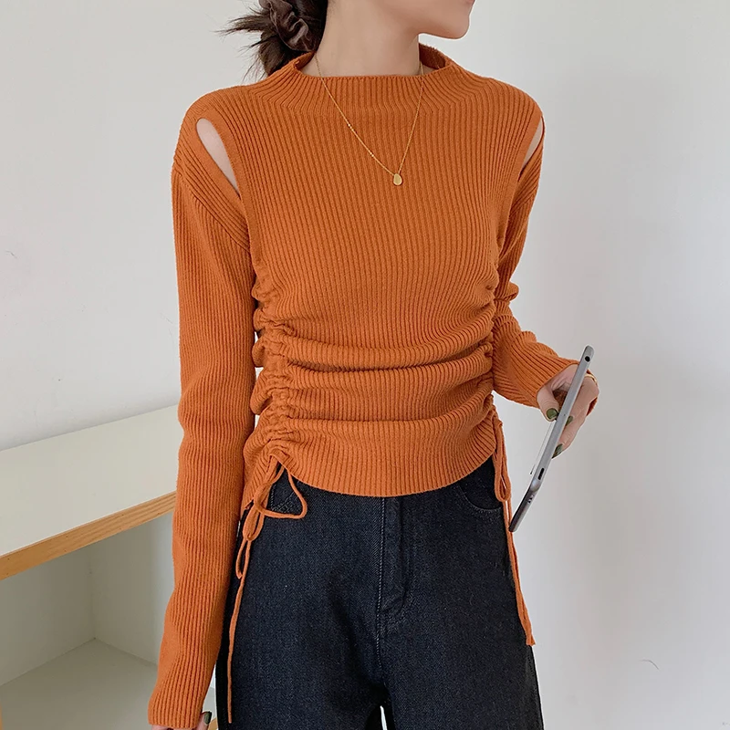 Thick Plain Ribbed Slim Sweater Women Chic Drawstring Hollow Out Knitted Pullover Casual Blouse Pleated Crew Neck Style Sweaters