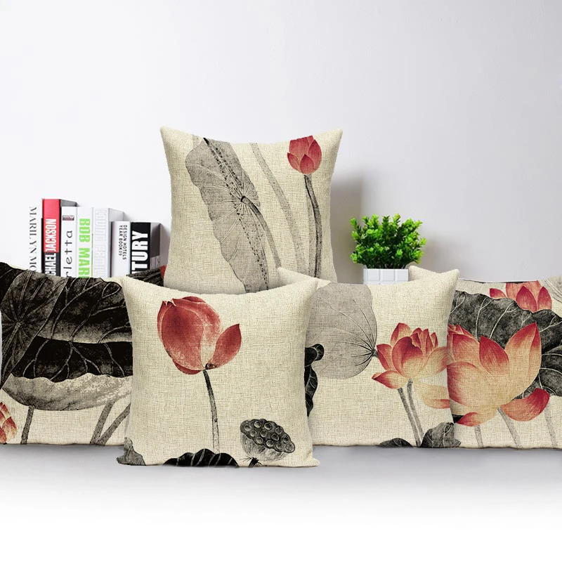 

Chinese Style Lotus Ink Painting Cushion Cover Polyester Pillow Cover Office Car Sofa Throw Pillowcase Home Decorative