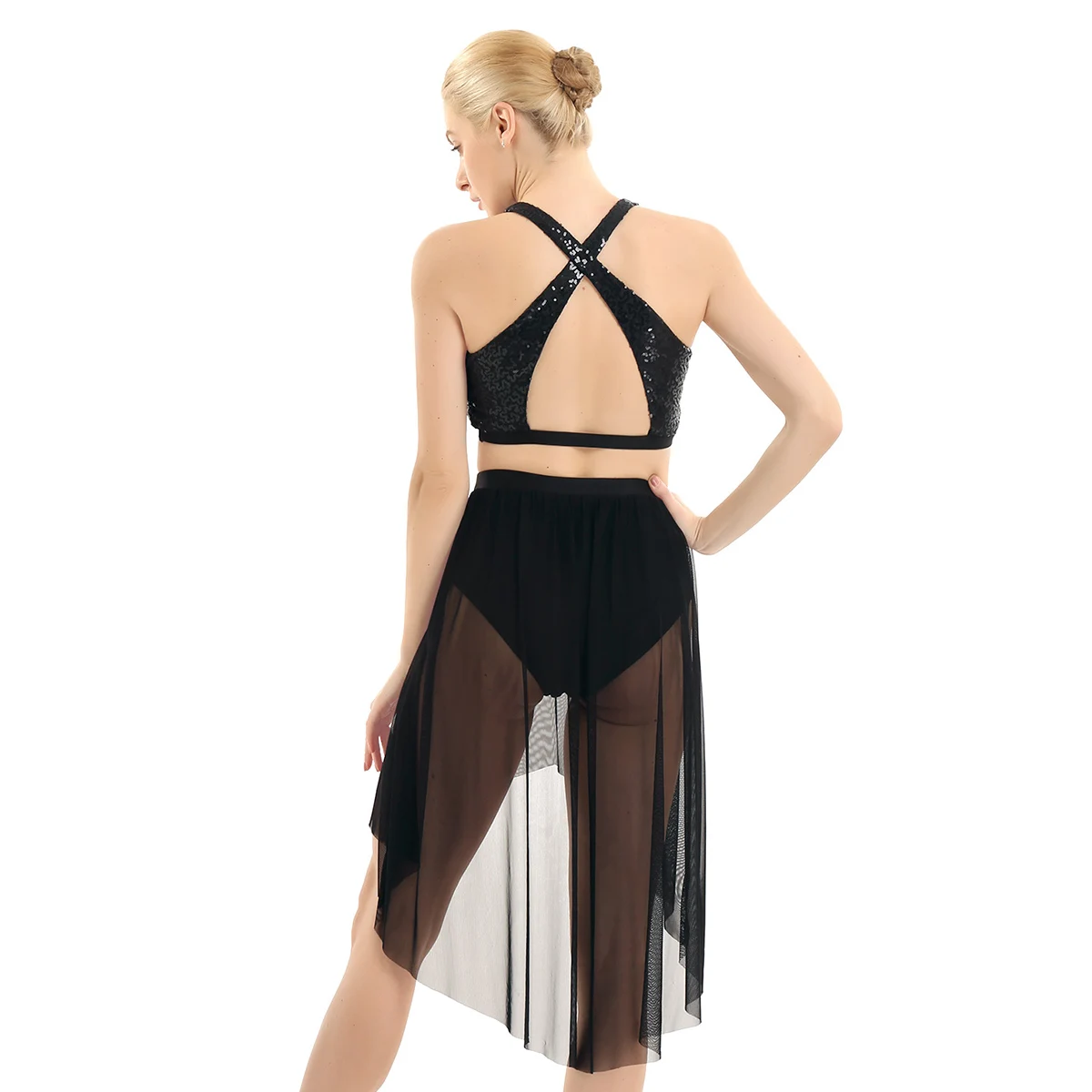 ChicTry Shiny Sequins Asymmetrical Gymnastics Ballet Crop Tops Leotard Mesh Skirt Set Women Contemporary Lyrical Dance Costumes