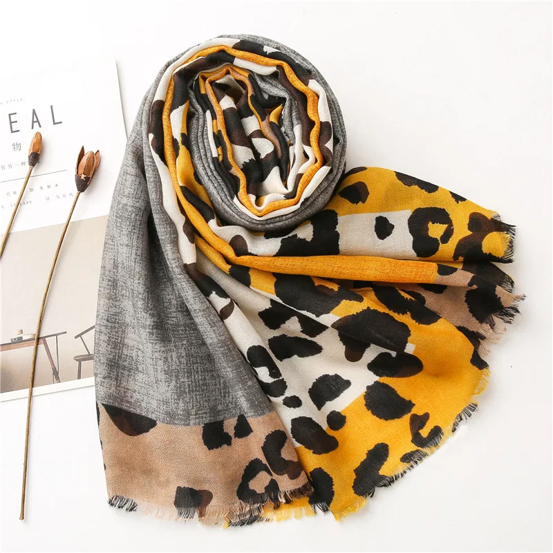 Women Autumn Winter Viscose Shawl Yellow Leopard Patchwork Pashmina Stole Wrap Thick Echarpe Foulard Femme Muslim Hijab 180*90Cm