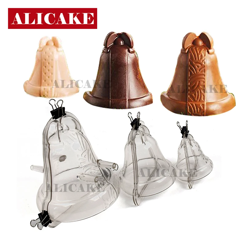 3Pcs 3D Chocolate Mold Christmas Bell Polycarbonate Cake Mold for Chocolates Pans Trays Baking Pastry Confectionery Utensils