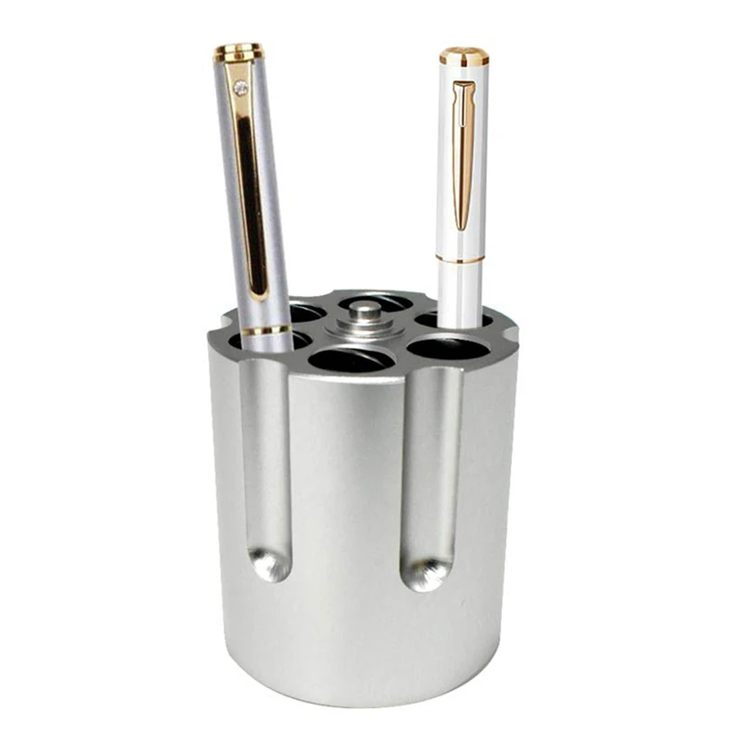 Cylinder Pen Holder Revolver Pen Holder with 6 Slots Pencil Holder Cylinder Design Heavy Duty Non-Slip Aluminum Office Cre