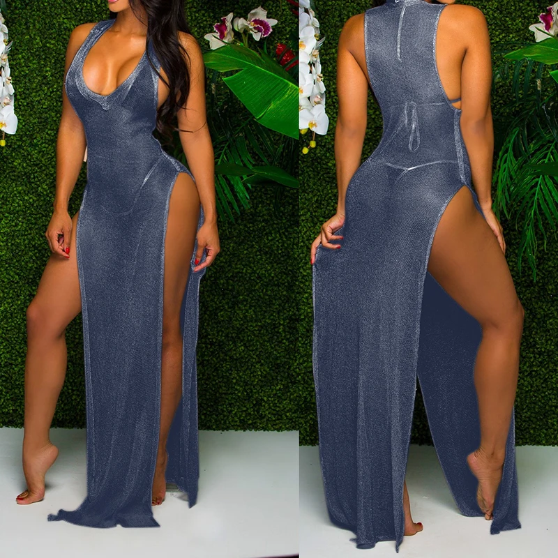 

Women Sexy Summer Mesh Sheer Beach Maix Dress Sleeveless V-neck Side Split Lace-up Solid Splicing Bikini Cover-ups Vestidos 2024