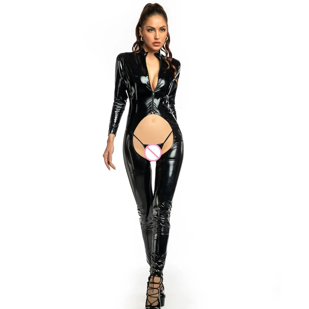 Sexy Women Wet Look Catsuit Shiny PU Faux Leather Hollow Out Open Crotch Bodysuit Bandage Leotard Tights Bodystocking F47