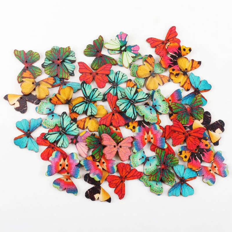 Wooden Mixed Color Butterfly Shape Buttons 2 Holes Handmade Clothing Sewing Scrapbooking Crafts DIY 28x20mm 30pcs