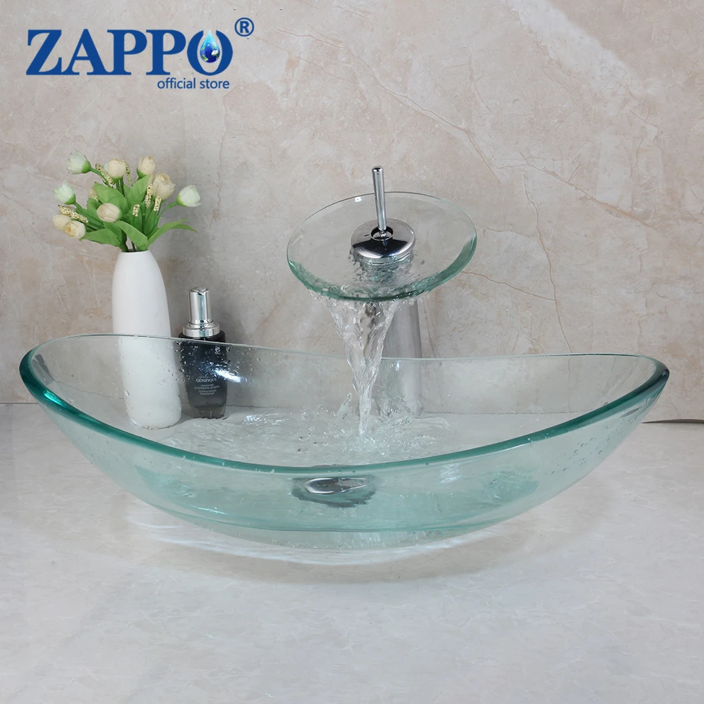 ZAPPO Transparent Tempered Glass Washbasin Bathoom Basin Sink Faucets Combo  Ingot Shape Modern Design W/ Tap & Drain