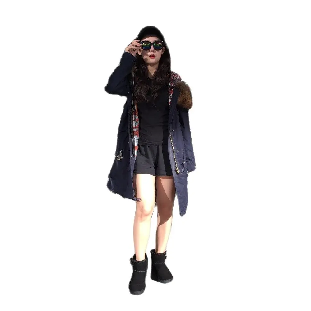 

Navy Simple Fur Parka Wear With Remove Raccoon Fur Hoodies Long Parka Shell Overcoat