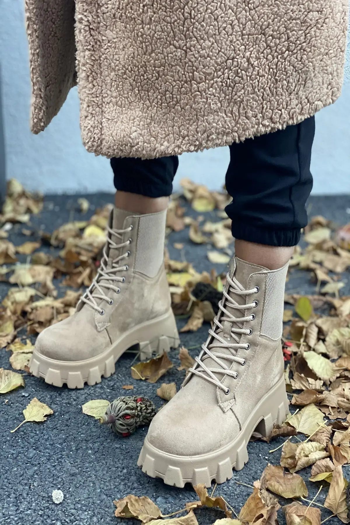 TUGBA Women Boot  Suede Leather Knit Edged Rubber Light Soled  Ankle Ladies Beige Boots Flat platform shoes 2020  2021  botas