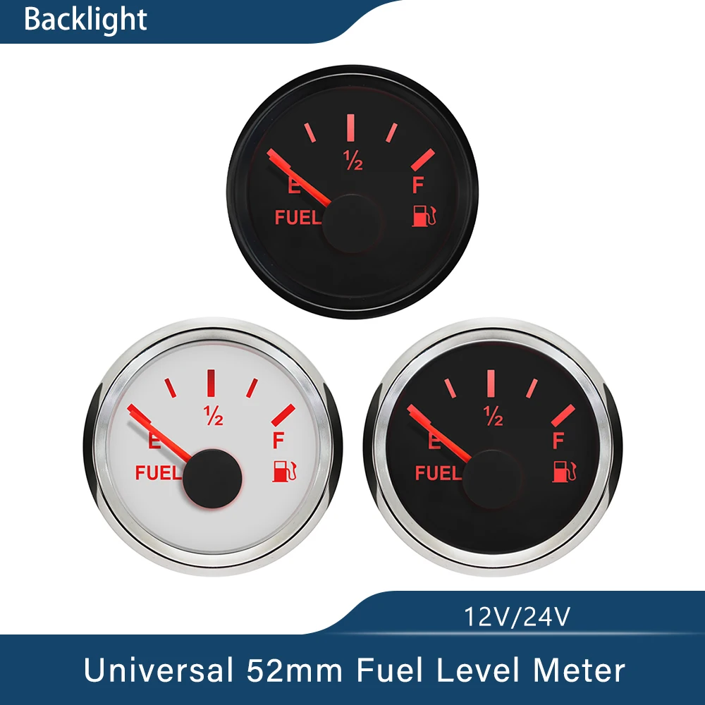 52mm Fuel Level Gauge Meter 0-190ohm 240-33ohm Signal with Red Backlight 12V 24V for Car Truck Boat Universal Type