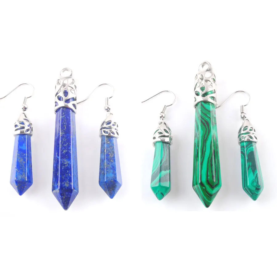 WOJIAER 5Set/Lot Gem Stone Hexagonal Pillar Pointed Reiki Chakra Bead Pendant Dangle Earrings Jewelry BQ307