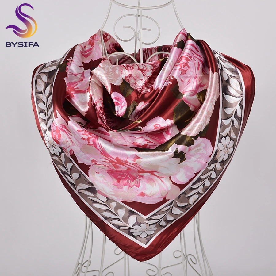 BYSIFA New Accessories Women Wine Red Silk Scarf Cape Fashion Chinese Rose Satin Square Scarves Shawls Ladies headkerchief Hijab