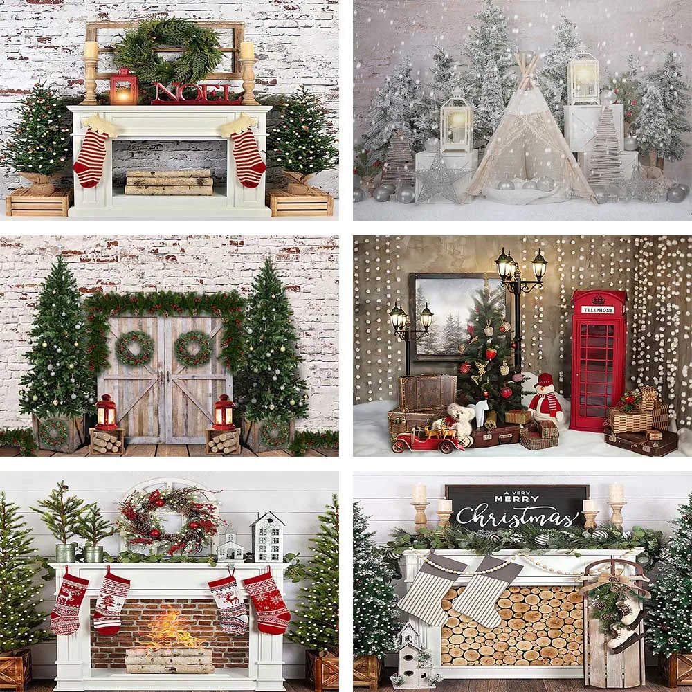 

Christmas Backgrounds for Photography Studio Light Fireplace Wreath Pine Winter Holiday Party Decor Backdrops Photo Photocoll