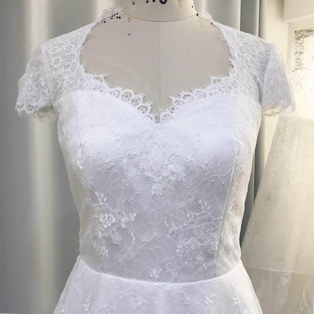 SuperKimJo Robe De Mariage Lace Applique Wedding Dresses for Bride White Elegant Short Sleeve Cheap Bridal Dresses