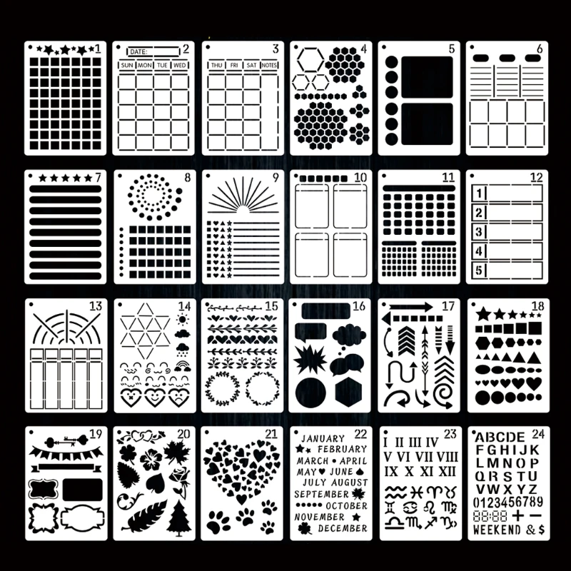 24 Pack Journal Planner szablony, wielokrotnego użytku szablony Bullet zestaw do notebooka A5 i większości czasopism, zawiera szablon listu i P9JD