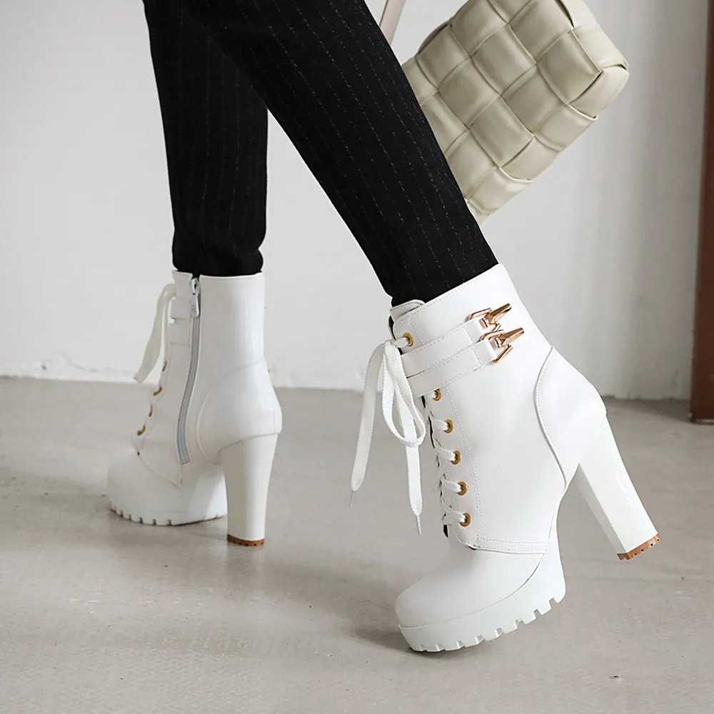 Brand Designers Autumn Winter New Women Shoes Black Heels Boots Lacing Platform Ankle Boots Chunky Heels Lace-up Botas White