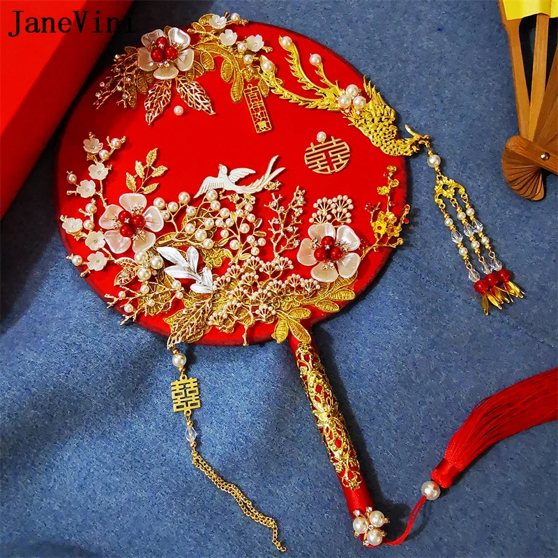 JaneVini Gold Phoenix Tassel Traditional Wedding Bridal Fan Red Chinese Style Pearl Beaded Bride Fan Bouquet Handmade Flowers