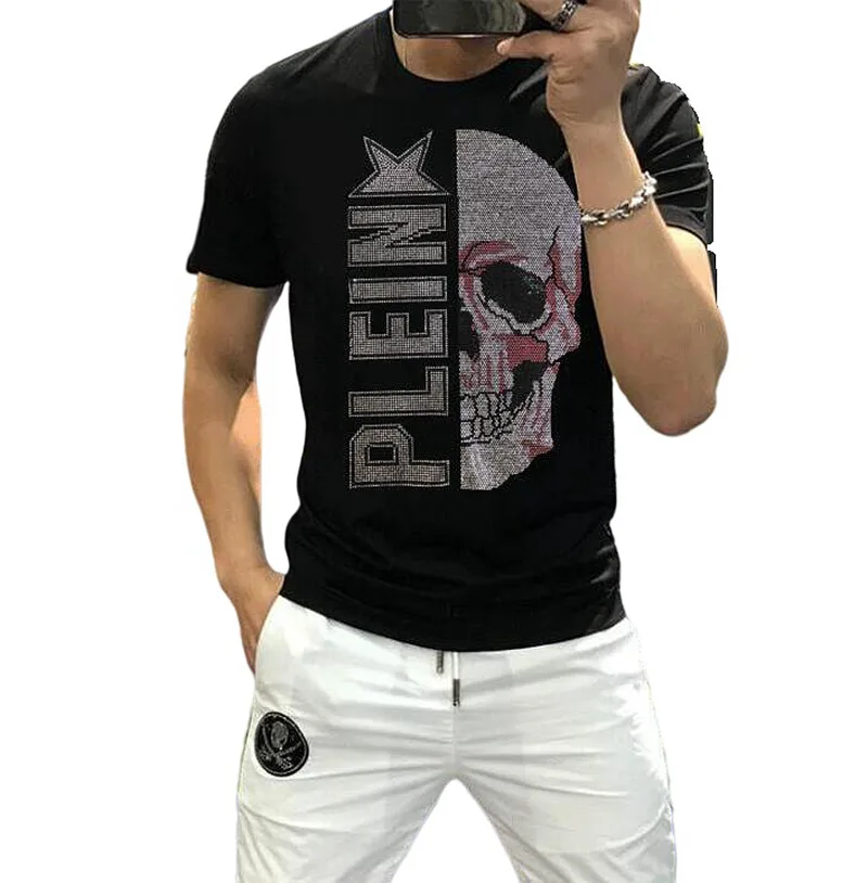 S-6XL Rhinestones t-shirtCotton Mens short Anime Skulls tshirt   Streetwear  hip hop Casual Hot drill top quality