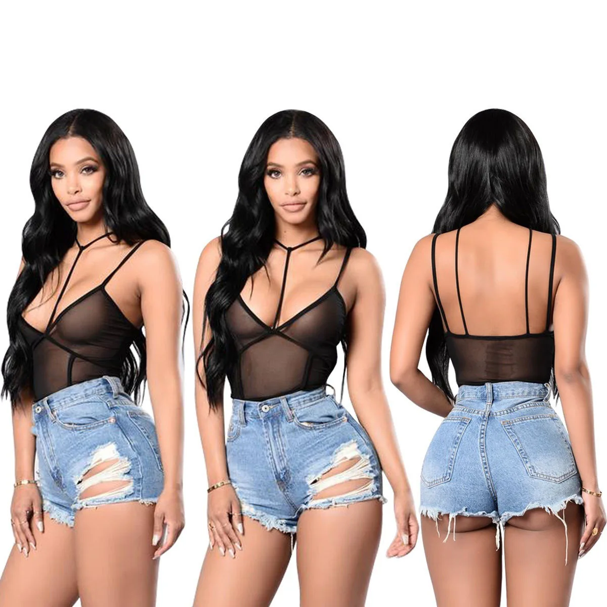 Deep V Neck Mesh Bodysuit Women Fashion Black Sexy Jumpsuit  Ladies Body Female Mesh Bodysuit