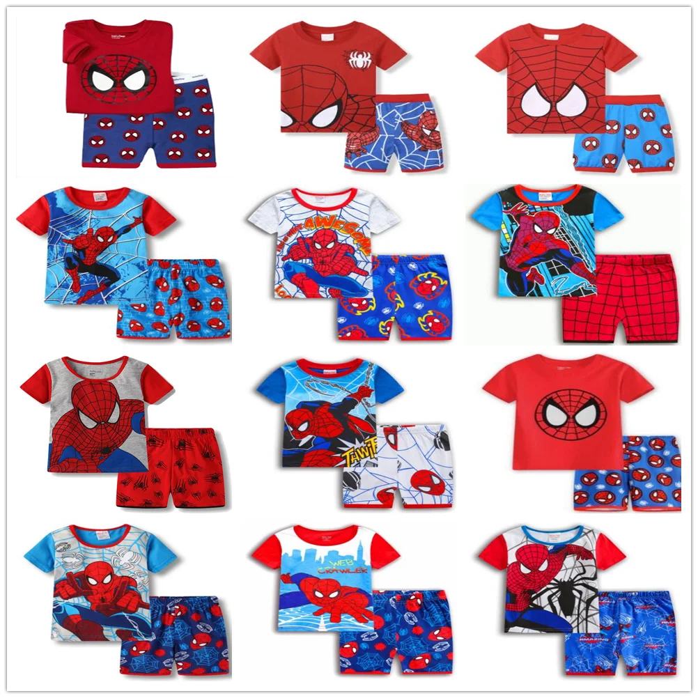 New Kids Boys And Girls Spider Clothes Baby Pajamas Summer Cotton Short Sleeve T-Shirt Pajamas Suit