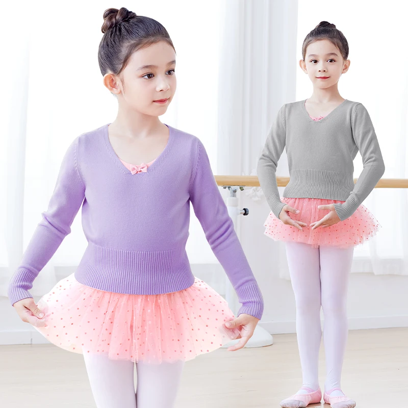 New Autumn Winter Warm Ballet Tops Long Sleeve V-neck Waist Belt Sweater Child Girls Kids Ballet Dance Wrap Cross Tops