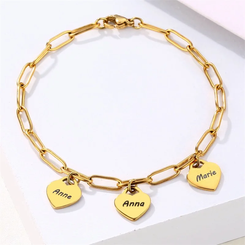 Personalized Engraved 1-5 Names Heart Gold Charm Custom Bracelet Stainless Steel Chain for Women Best Jewelry Gifts