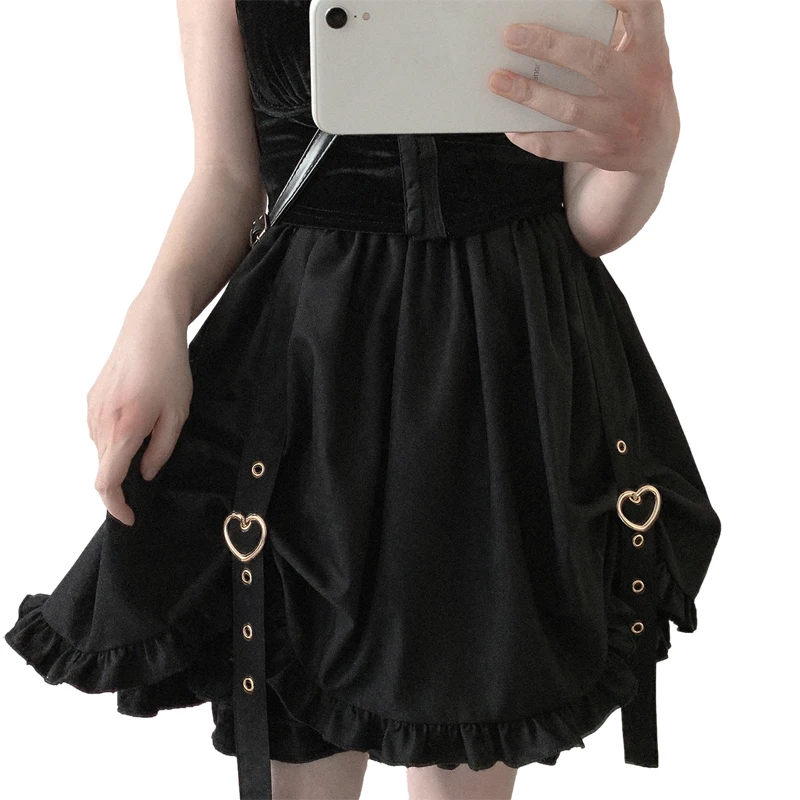 Kawaii Ruffle Girls High Waist Skirt Women Black Gothic Lolita Cute Punk Fashion Heart Belt School Pink Pleated Mini Tutu Skirts