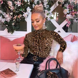 Sexy Leopard Printed Bodycon Bodysuits 2020 Spring Women Long Sleeve Mock Neck Skinny Body Suit Shorts Jumpsuits