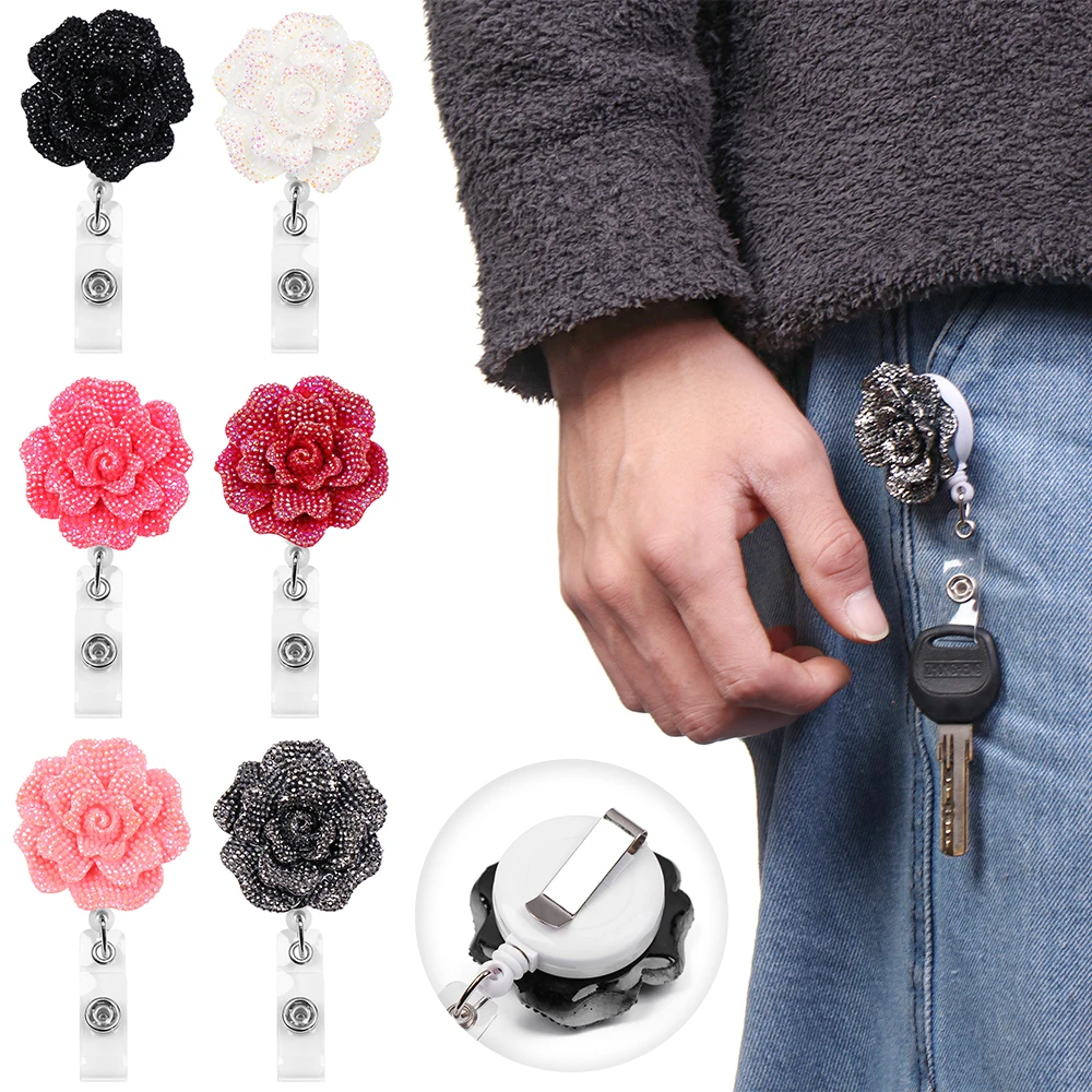 1PC Creative Resin Rose Shape Retractable Nurse Badge Doctor ID Card Badge Holder Anti-Lost Clip Key Ring Lanyards Office Supply