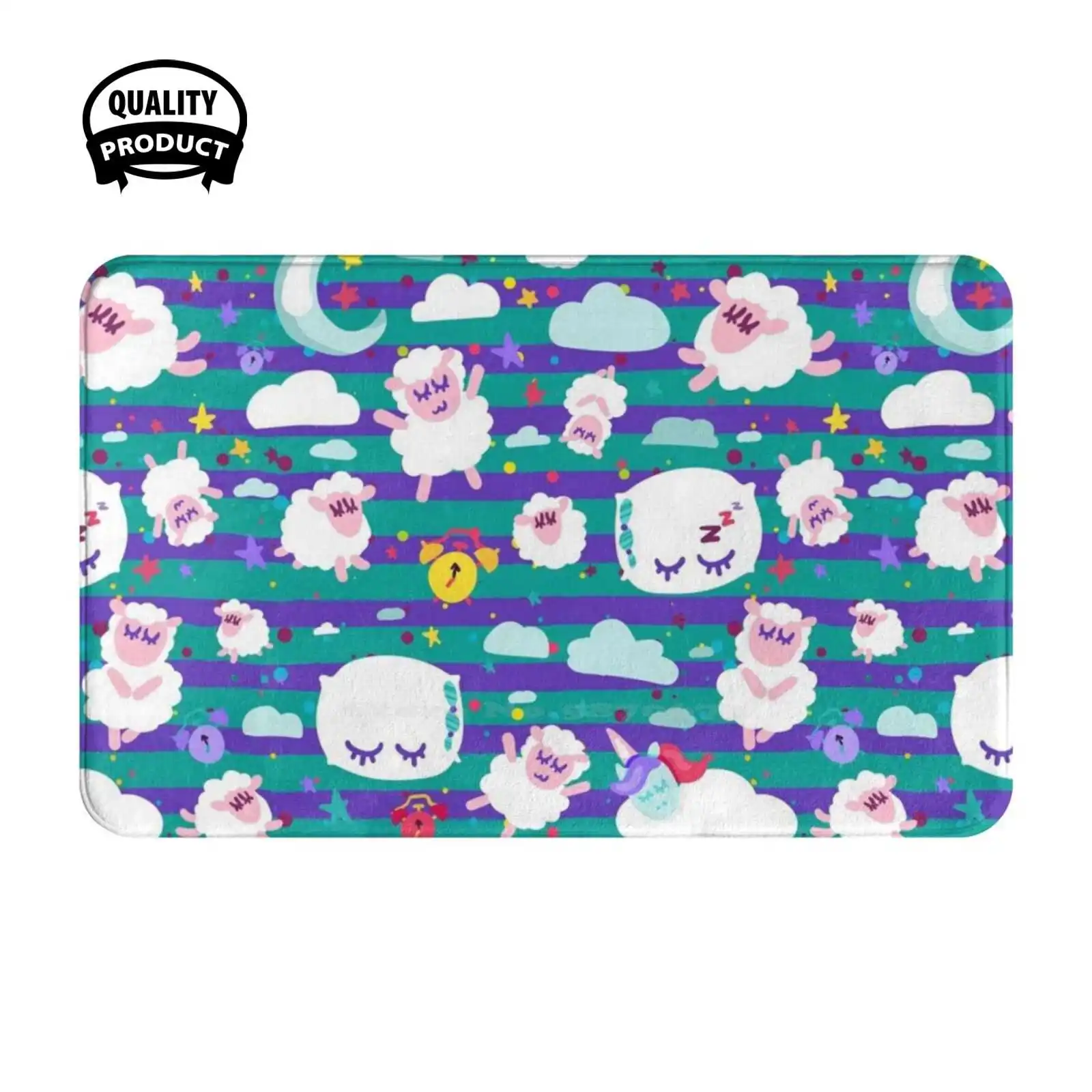 Green / Teal And Purple Sleepy Kawaii Sheep , Children'S Cute Animals Cartoon Illustration Black , Blue / Teal Soft Cushion