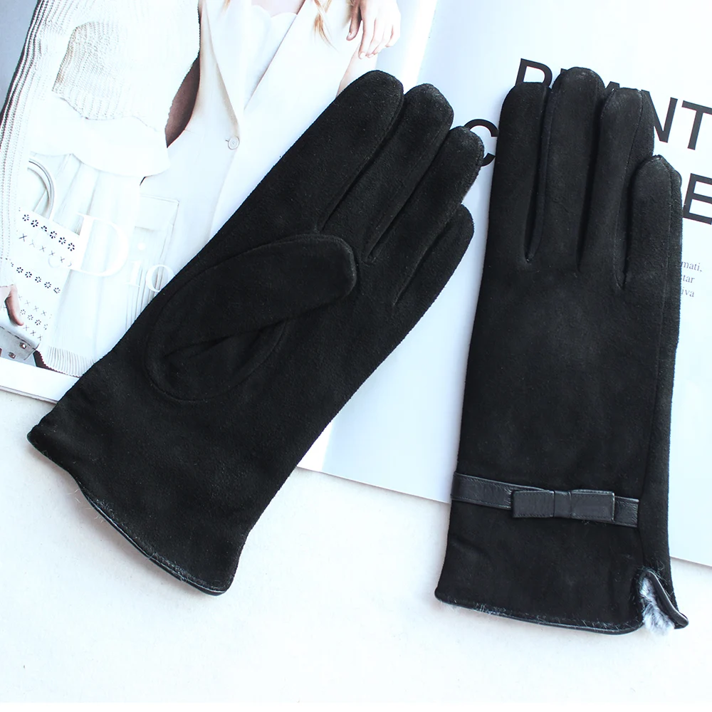 Bickmods novas luvas de couro feminino estilo curto preto moda miúdo camurça luvas para manter quente no inverno