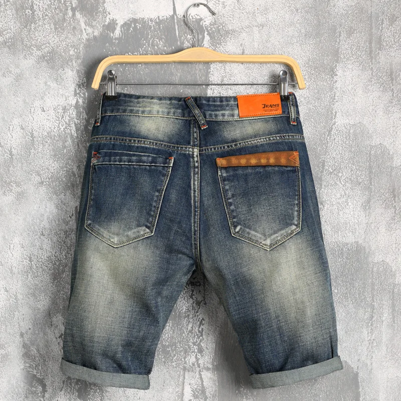 Summer New Men Leather stitching Ripped Straight Jeans Short Fashion Casual Holes Bermuda Retro Cargo Denim jogger shorts