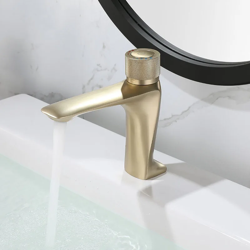 Brass Brushed Gold Bathroom Constant Temperature Basin Faucet Push Button Switch Deck mounted Hot Cold Mix Sink Faucet