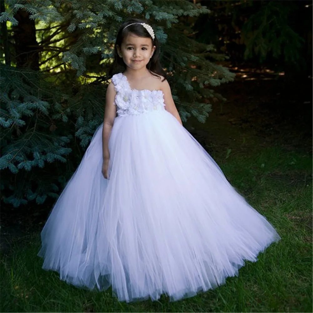 Girls Ivory Flower Tutu Dress Kids Crochet Long Tulle Dress Ball Gown with Feather Hairbow Children Wedding Party Costume Dress