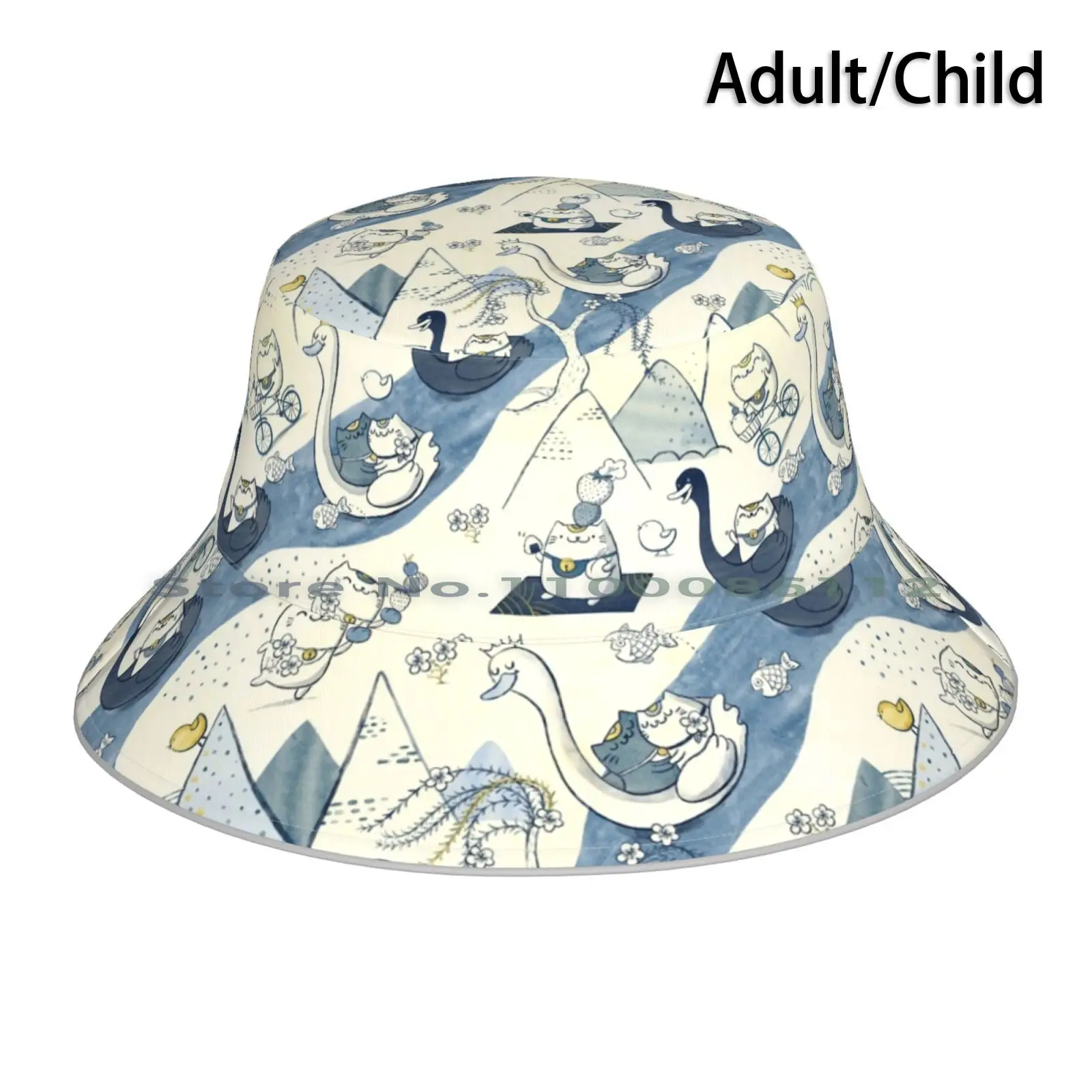 Lucky River Bucket Hat Sun Cap Cats Love Pattern Maneki Neko Japanese Indigo Blue Lucky Cat Lucky Charm Foldable Outdoor