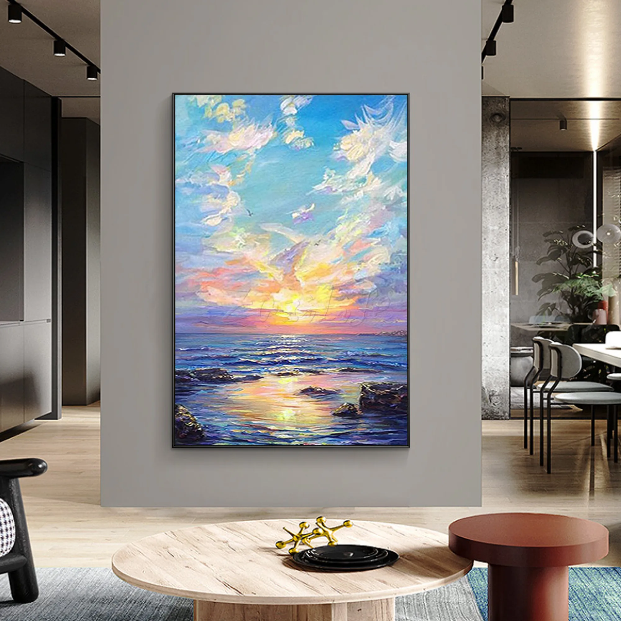 

Ocean Seascape Painting On Canvas Modern Abstract Sunset Large Original Blue Wall Art Pictures for living room Home Decor