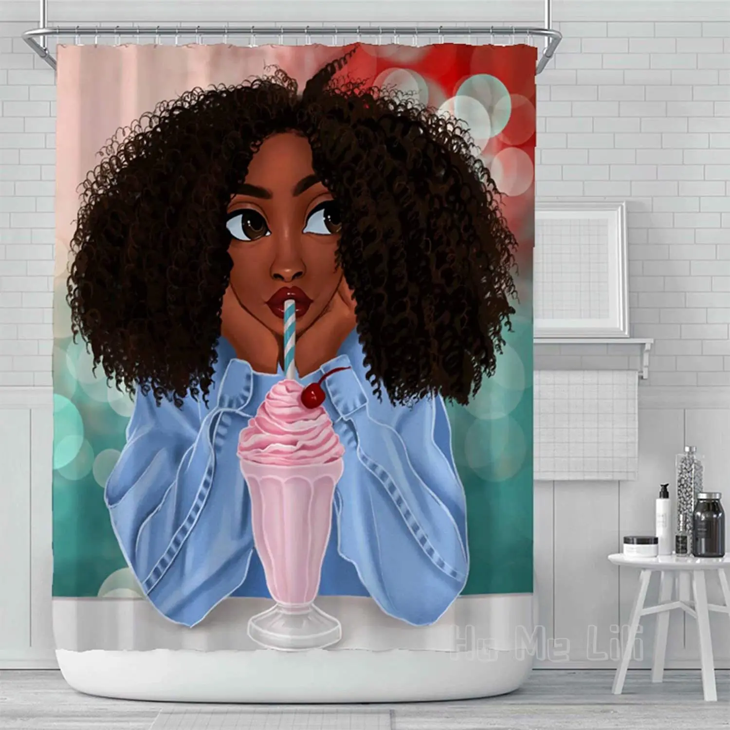 Afro American Shower Curtain Cool Black Girl Drinking Ice Cream Bathroom Curtains Waterproof  Bath Decor With Hooks