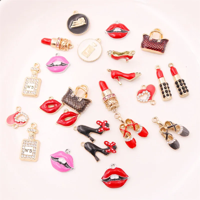 6pcs Enamel Makeup Metal Jewelry Pendant, Lipstick Charm, Perfume Charm, Red Lips Charm, Dance Shoes Charm, High Heel Charm,