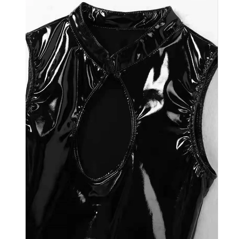 Women Sexy Shiny Leather Vest Erotic Porn Deep U Bare Breast Patent Leather Camisole Glossy Shaping Latex Sheath Crop Tank Tops