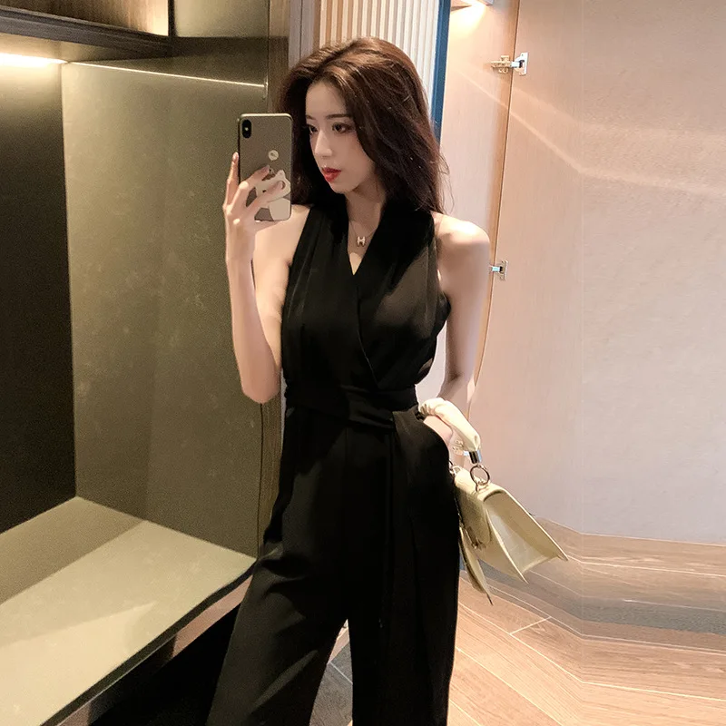 Women Summer Fashion Sexy Halter Jumpersuits Female Casual Sleeveless Solid Rompers Office Lady Elegant Look-slim Wide Leg Pants