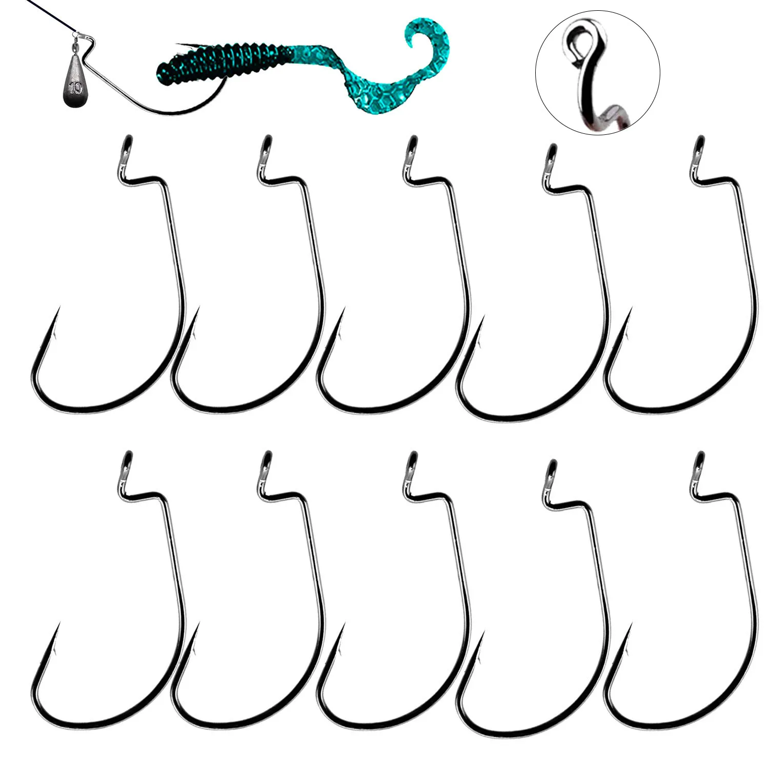 10pcs Fishing Offset Hook Carbon Steel Wide Crank fishhook Barbed Hook Soft Worm lure fishing accessories