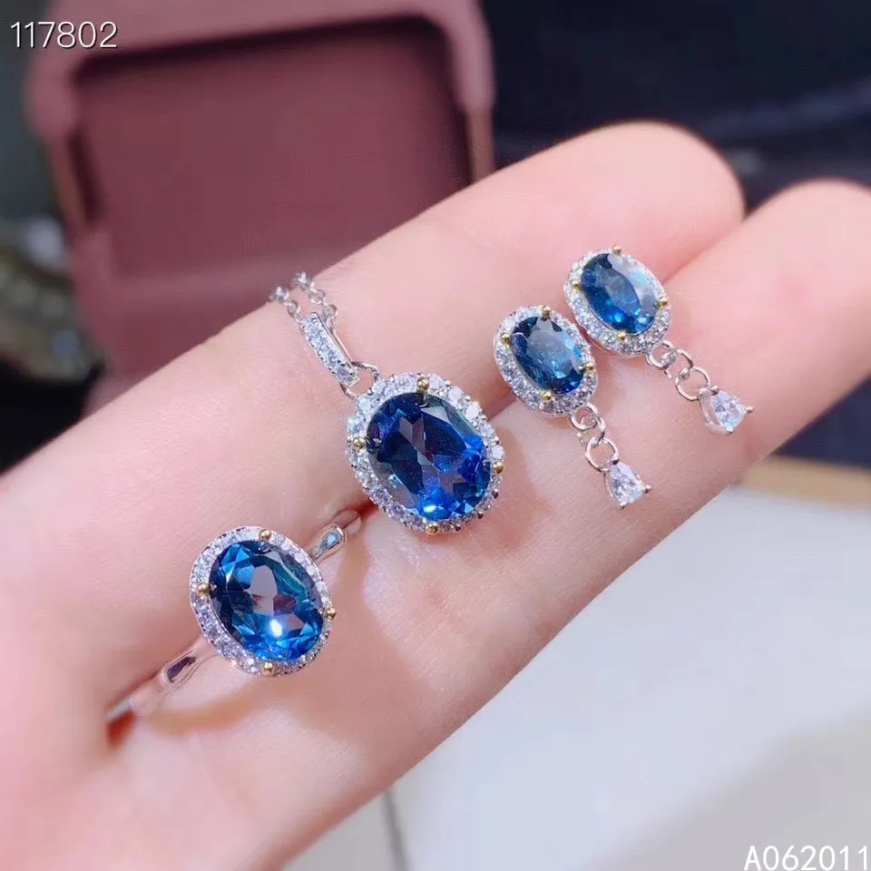 

KJJEAXCMY fine jewelry natural blue topaz 925 sterling silver trendy girl new gemstone pendant earrings ring set support test