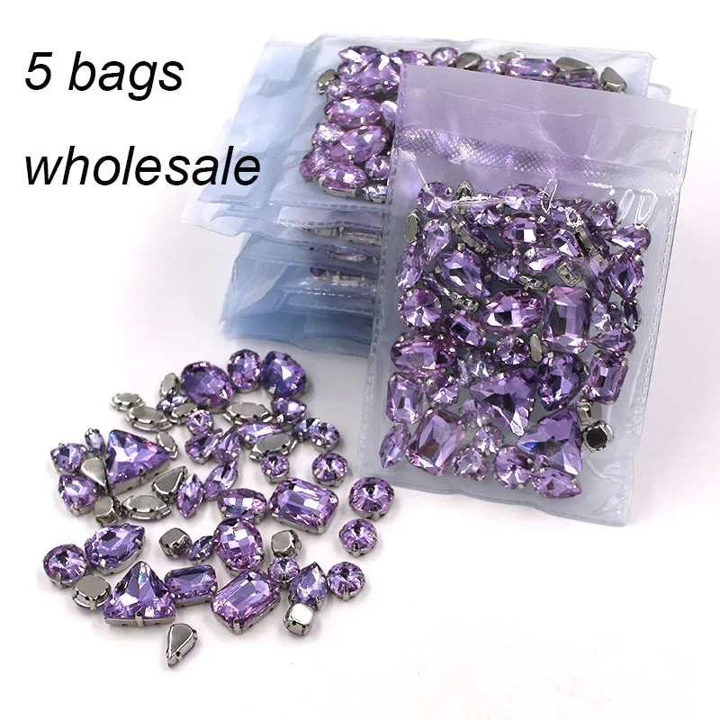 Clothing accessories Wholesale 5 bags mixed shape sew on glass crystal violet rhinestones diy wedding decoration